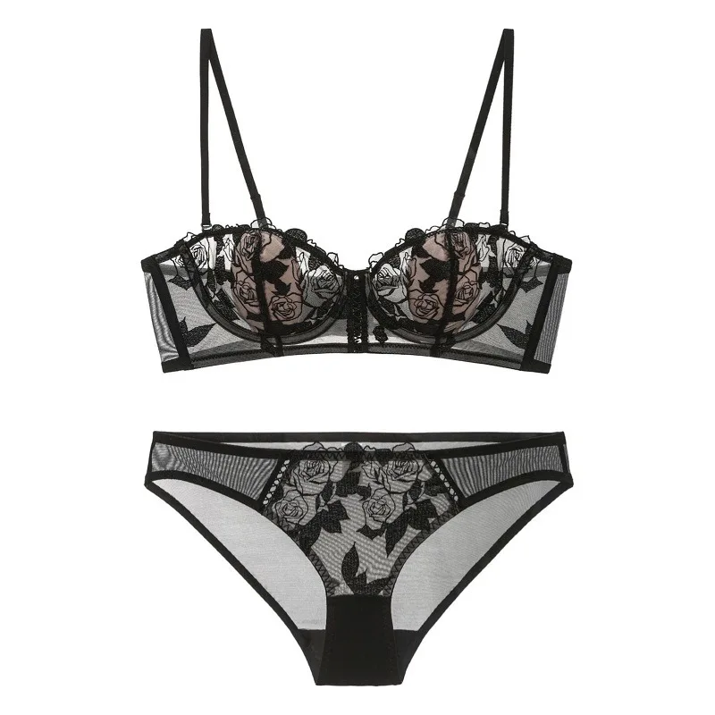 

Lingerie Sexy Floral Embroidery Underwear Transparent Lace Short Delicate Fairy Set Woman 2 Pieces Push Up Bra Briefs Intimate