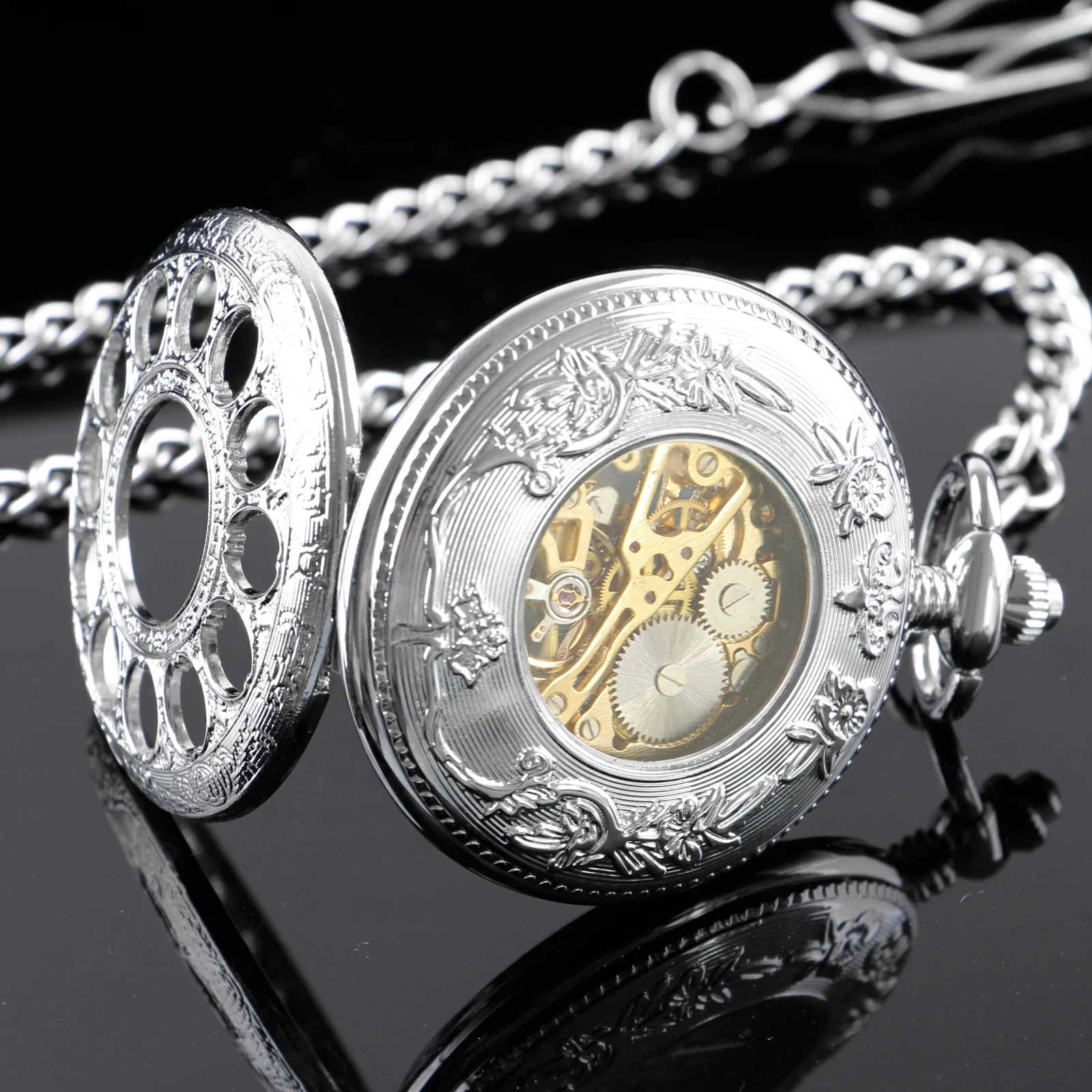 Casual Fashion Silver Roman Numerals Vintage Mechanical Pocket Watches For Men Women Hand Wind Fob Watch Half Hunter