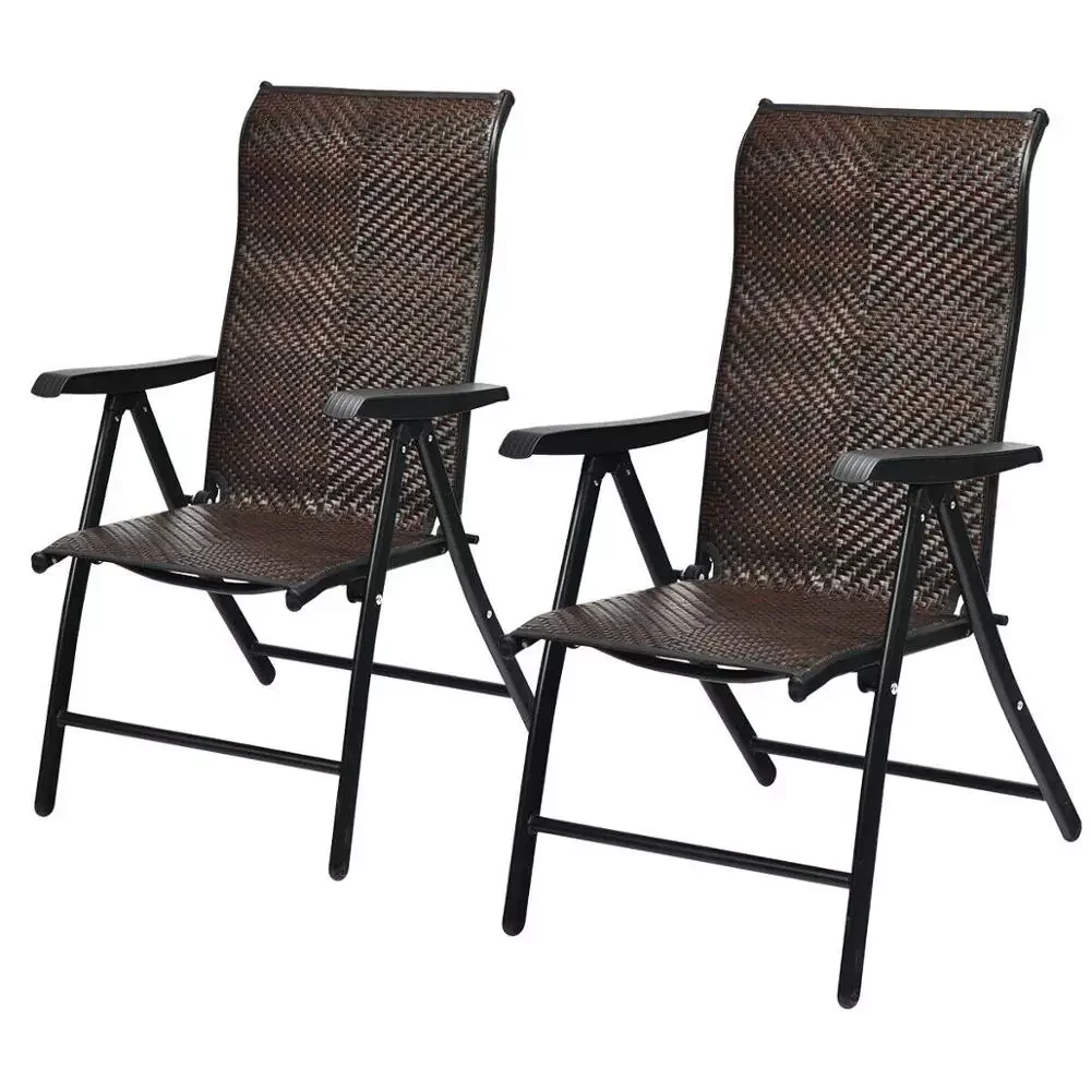 

2PC Patio Rattan Folding Chair Recliner Back Adjustable Portable Camping Armrest