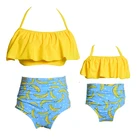 Купальник из двух частей с воланом на шее для родителей и детей купальник с высокой талией для матери и дочери семейное подходящее платье купальный костюм для девочек