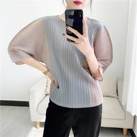 spring summer women casual miyak pleated t shirt three quarters sleeve o neck loose large size color contrast folds top female