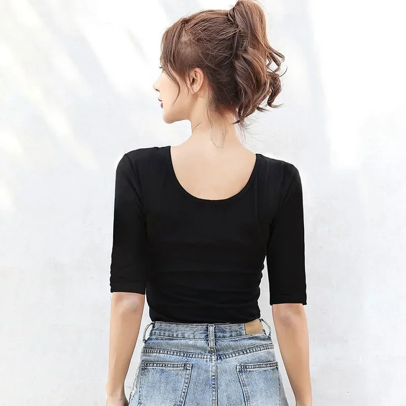 Повседневная черная белая футболка с рукавом средней длины для женщин корейские