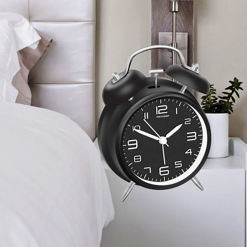 

4 Inch Twin Bell Alarm Clock Mini Metal Loud Frame 3D Dial with Backlight Bedside Desk Table Clock Home and Office Decoration