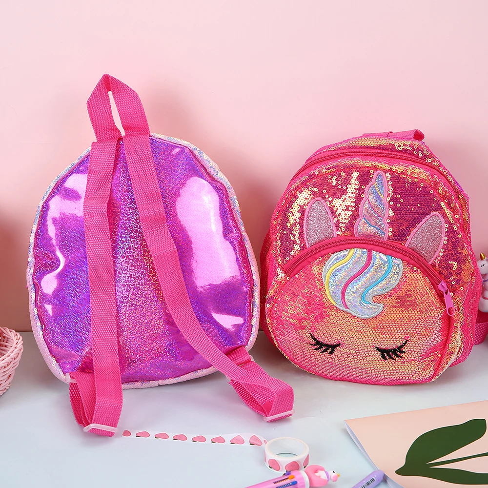 Sequined Unicorn Backpack Cute Cartoon Small Bag For Girls Women Casual Bags Unicorns Kids Kindergarten Bag Polyester Pink