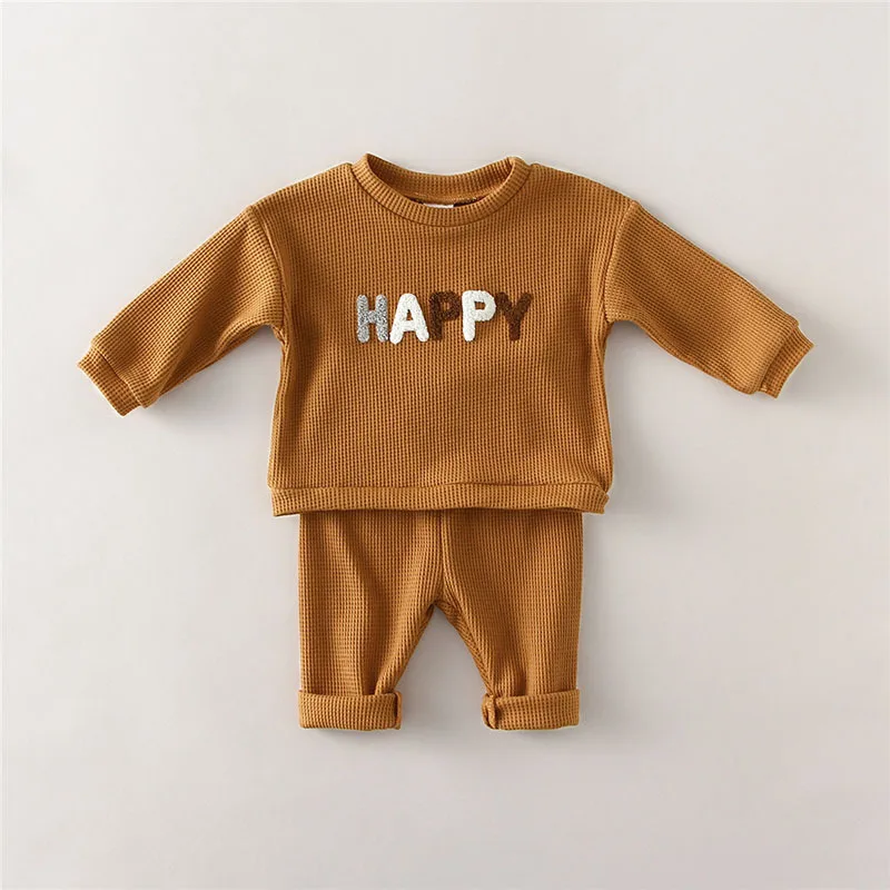 2022 Autumn New Children Waffle Clothes Set Baby Fashion Letter Print Casual Sweatshirt Boys Girls Loose Pants 2pcs Suit Cotton