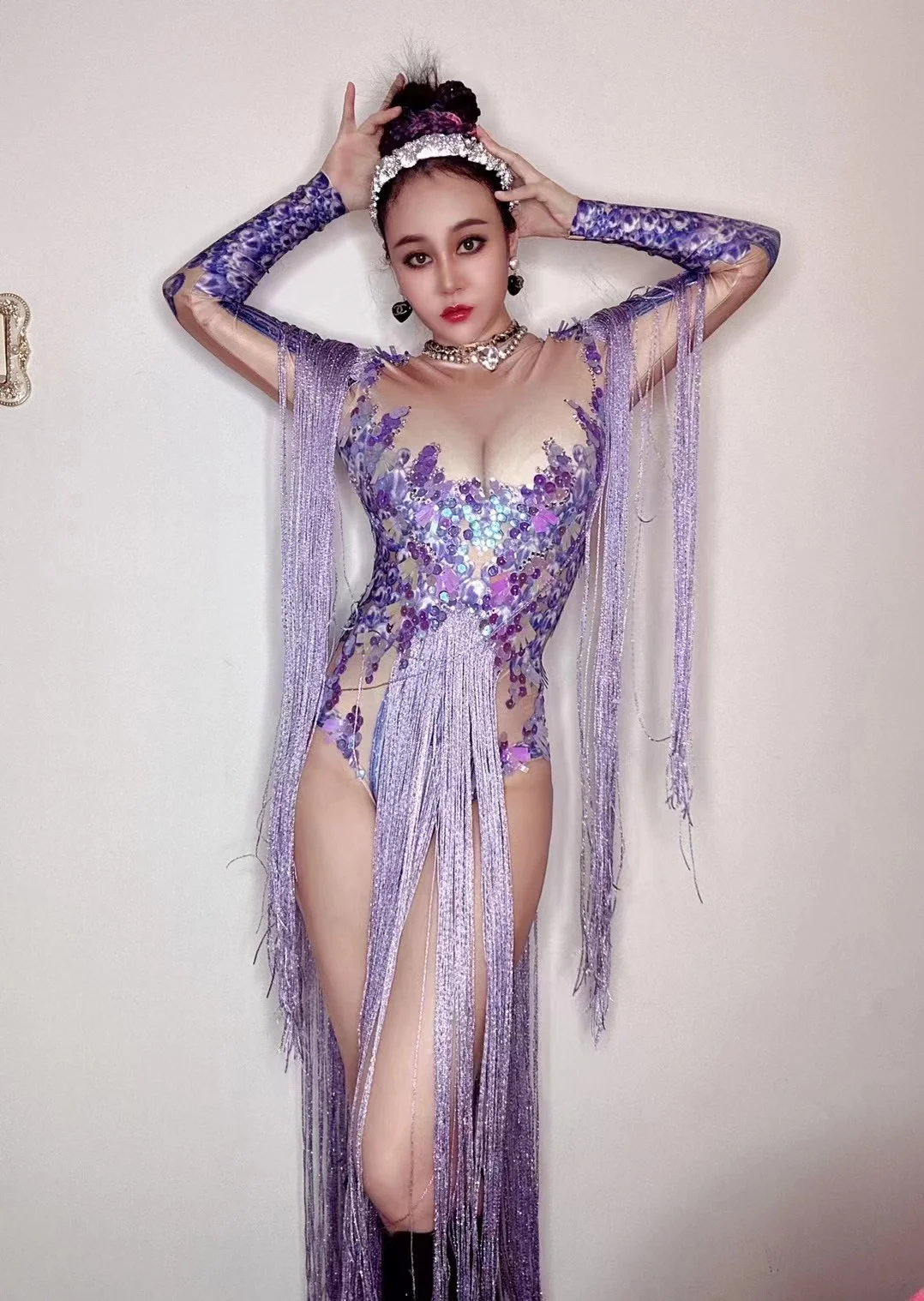 

Shiny Purple Fringe Bodysuit Gogo Dancer Performance Clothing Nightclub Female Singer Halloween Christmas Party Outfits