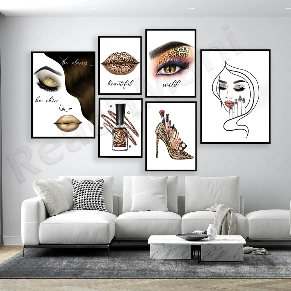 Fashion beauty poster cheetah lips high heels eye makeup shadow nails lipstick mascara wild fashion