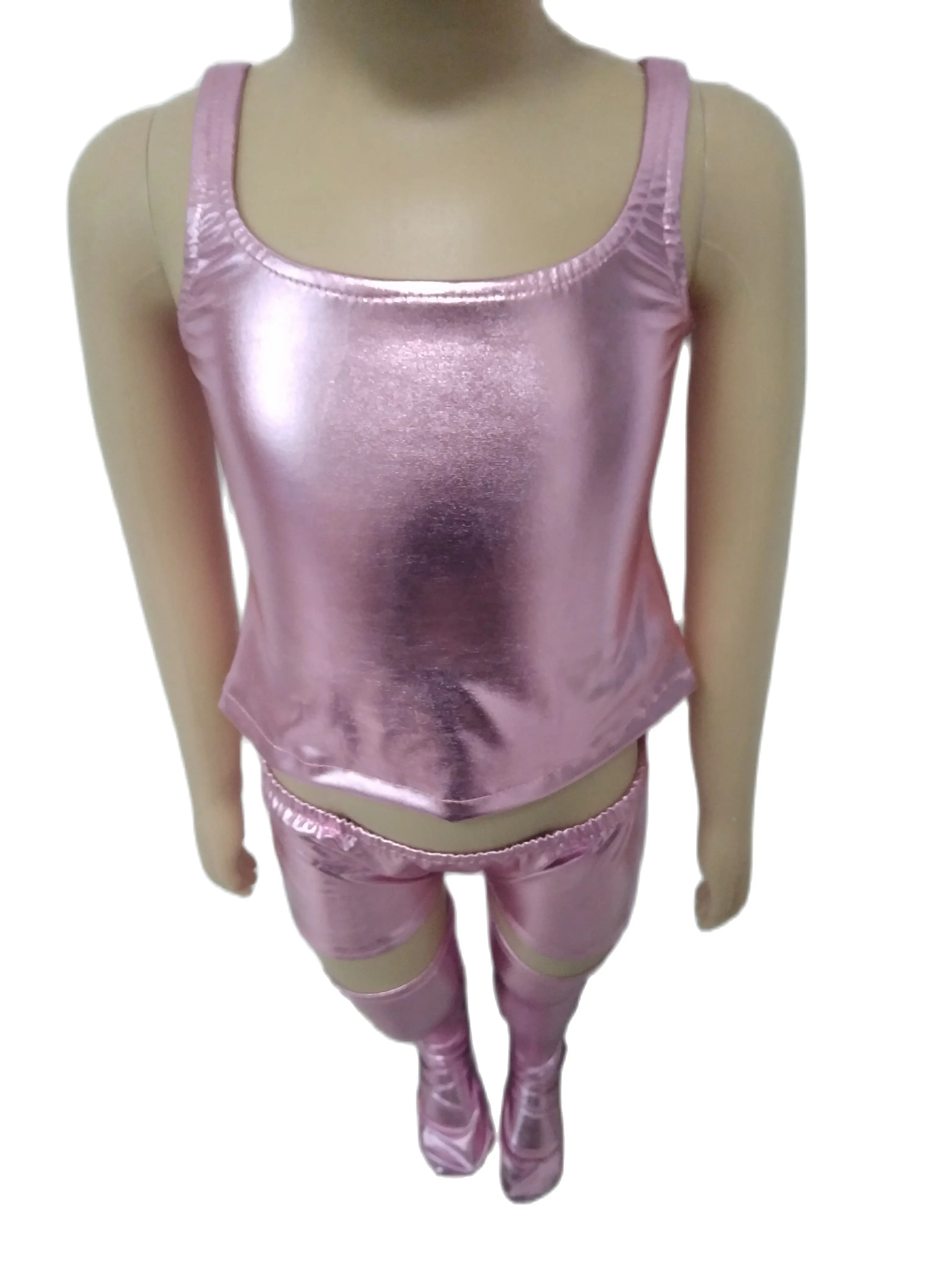 Сексуальный костюм для девочек из трех предметов Блестящий металлический