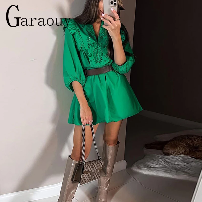 

Garaouy 2022 Summer Half Sleeve Shirt Dress Women Hollow Out Ruched Blouse Dress Streetwear Oversized Loose Dresses Robe Femme