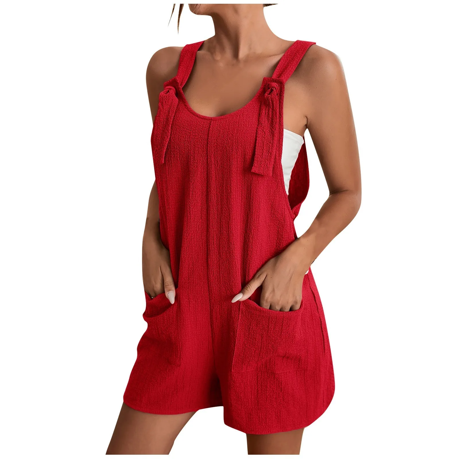 

Summer Casual Playsuits Rompers Women New Solid Strappy Pockets Wide Leg Shorts Jumpsuits Female Loose One Piece Outfit Homewear