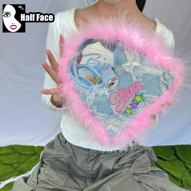 Y2K девушки Харадзюку Готическая женская розовая плюшевая Джинсовая сумочка в