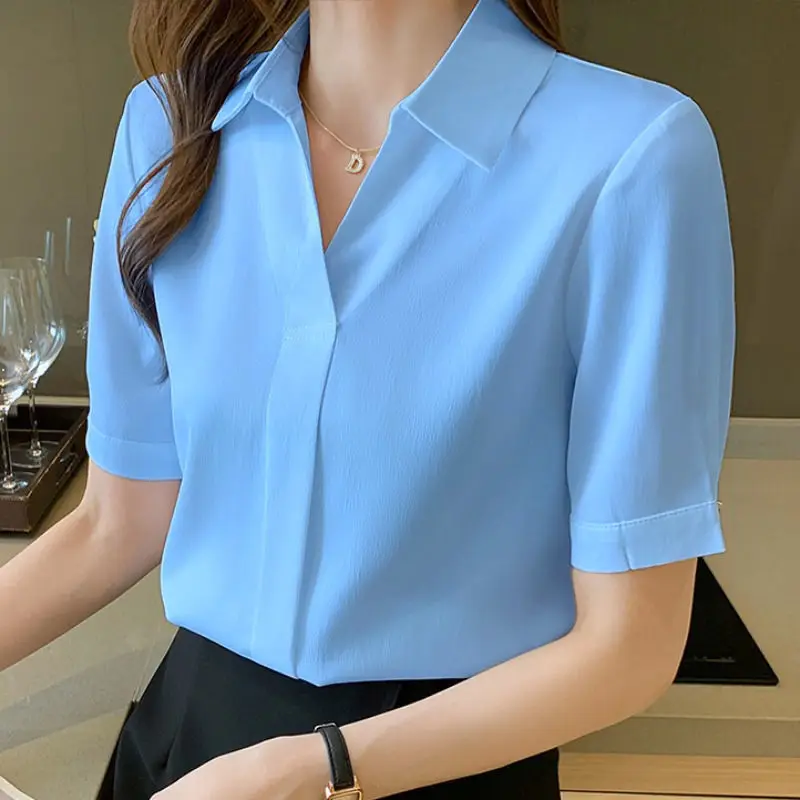 

4XL Women Spring Summer Blouses Shirts Lady Fashion Casual Short Sleeve V-Neck Collar Solid Color Blusas Tops TT2419