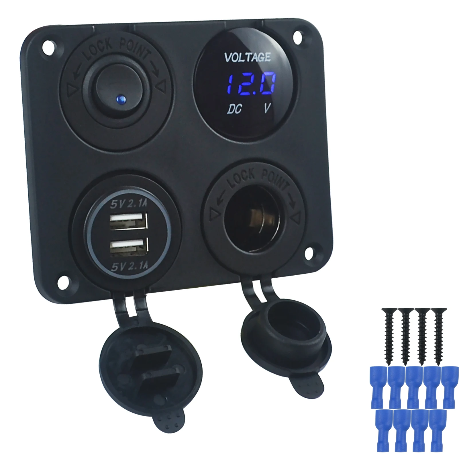 

4 in 1 Charger Socket Panel 12V Outlet LED Voltmeter Rocker Switch 4 Cigarette Lighter Socket, dual port USB 4.2 for Marine Boat