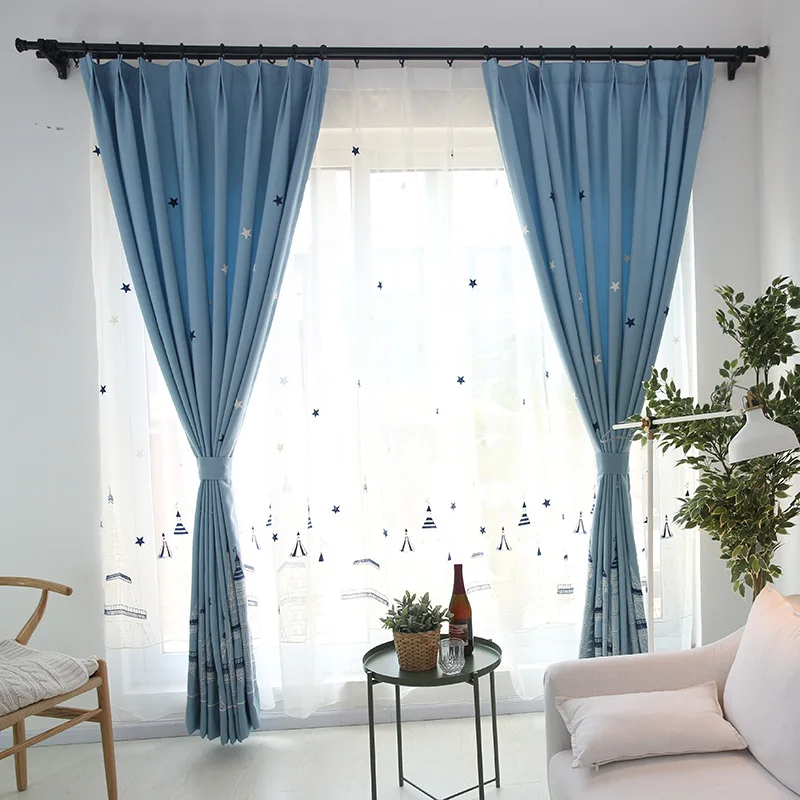 

Mediterranean Curtains Sheer Tulle for Room Modern Cartoon Blue Castle Stars Embroidered Bedroom Boy Girl Korean 02