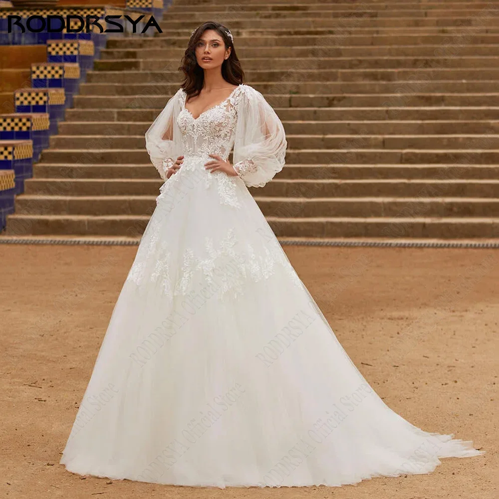 

RODDRSYA Princess Wedding Dress For Bride V-Neck Puff Sleeves Applique Bride Gowns Lace Custom Made A-Line vestidos de novia