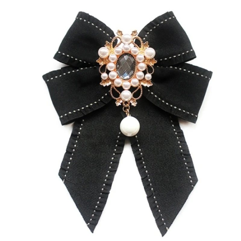 

Women Vintage Elegant Pre-Tied Neck Tie Brooch Imitation Pearl Jewelry Collar Ribbon Bow Tie Corsage