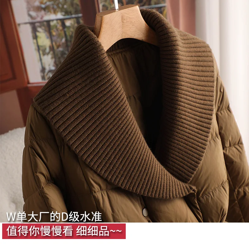 Long Duck Jacket Women 90%  White Duck Down Winter High Street  Covered Button  Spliced  Adjustable Waist Thin Coat Women