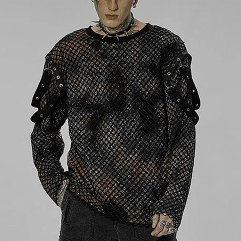 

Футболка мужская сетчатая с длинным рукавом, приталенный однотонный пуловер с круглым вырезом, пикантная уличная одежда, весна