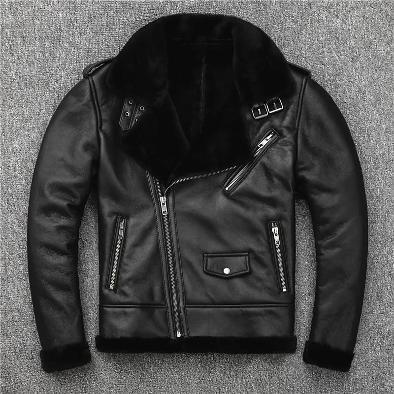 

2022New Pure Natural Thick Shearling Fur Jacket Men Super Warm Genuine Leather Coat Winter Lapel Vintage Slim Fit Biker Coat