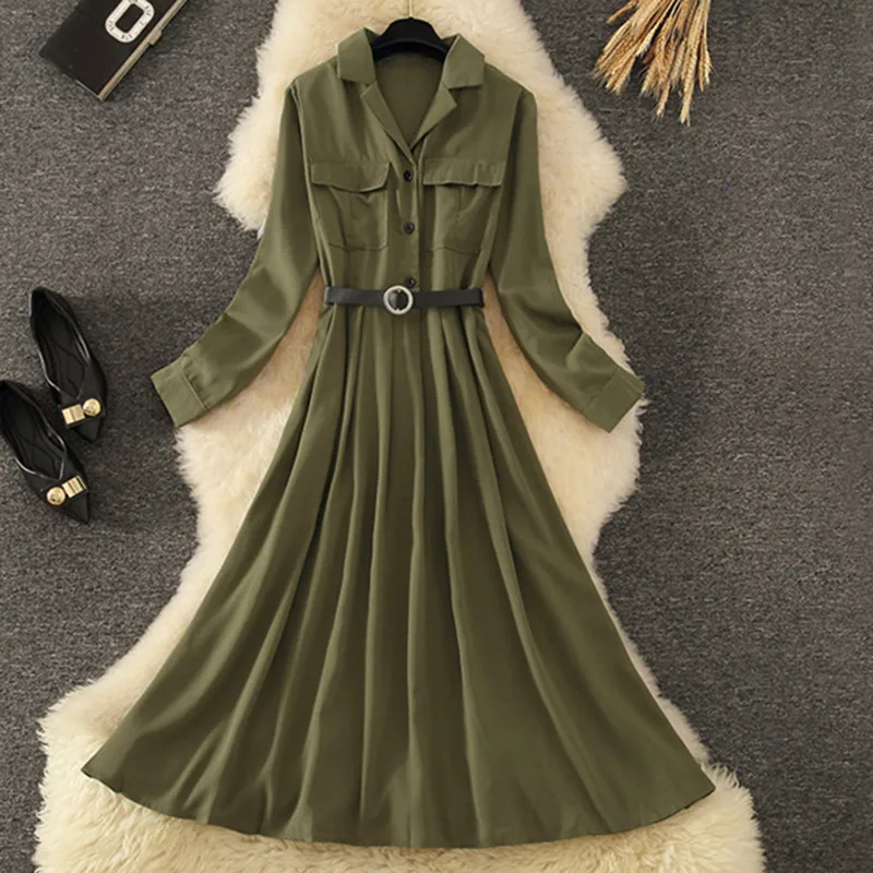 

Autumn Spring Fashion Army Green Plain Long Sleeve Slim A-Line Slim Shirt Dress Sashes New Women's Long Midi Dress