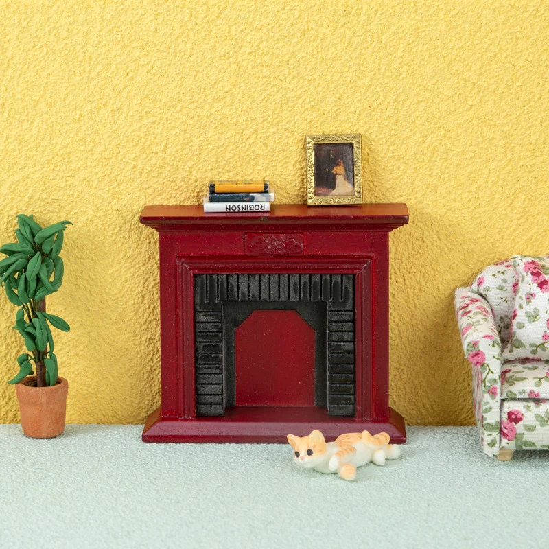 

1:12 миниатюрный красный кукольный домик, фон для камина, стена, европейская модель мебели, декоративная игрушка
