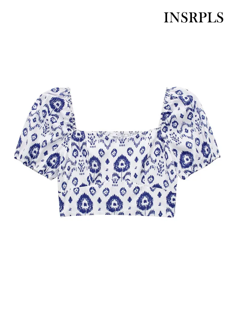 

Женские модные укороченные блузки INSRPLS с принтом, Винтажные эластичные женские рубашки с коротким рукавом на спине, блузы, шикарные топы