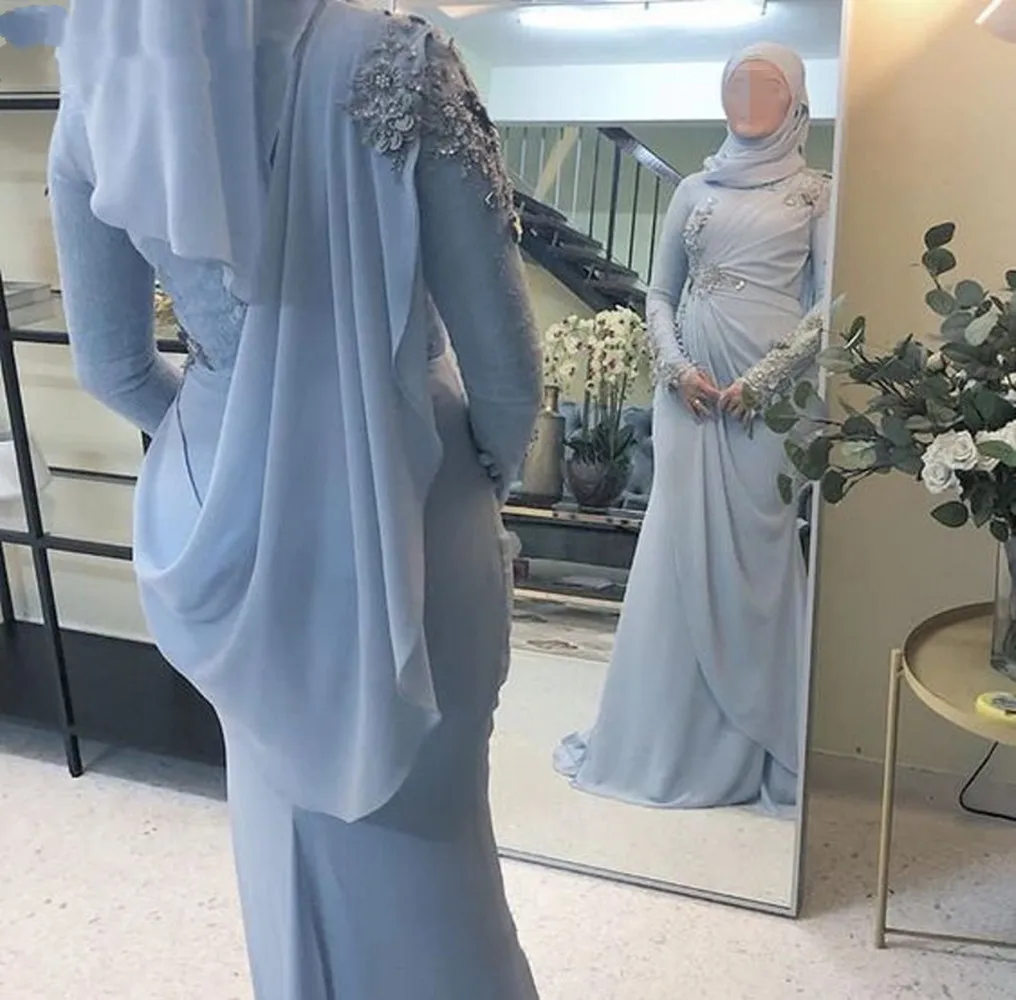 

Dubai Kaftan Arabic Long Sleeves Formal Dress 2022 Flowers Beaded Chiffon Light Blue Muslim Evening Gowns Abiye Gece Elbisesi