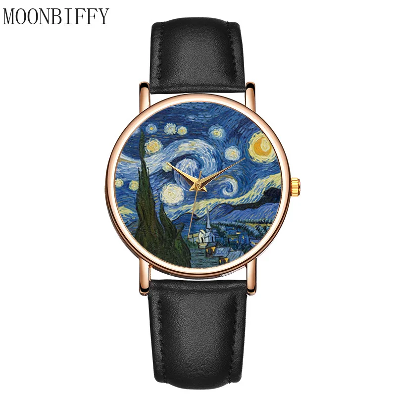 

Women Watches Art Starry Sky Classic Casual Leather Strap Abstract Painting Dial Quartz Clock Couple Gift Montre Reloj Mujer
