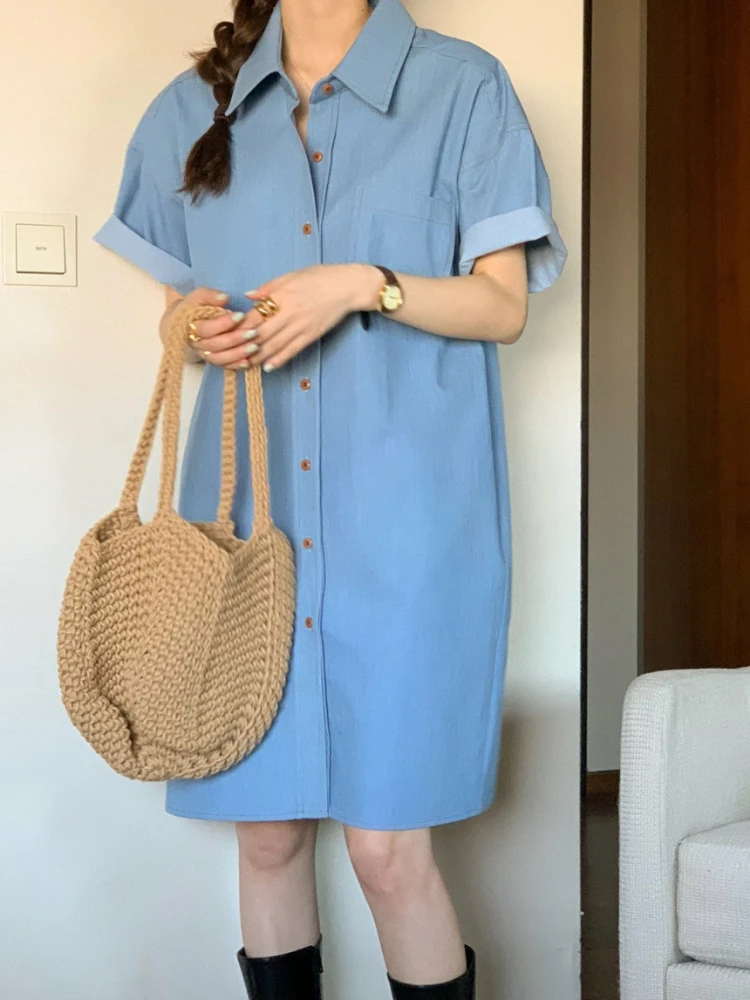 

FMFSSOM New Vintage Spring Summer Solid Slim Short Lady Dress A Line Turndown Collar High Waist Single Breasted Women Dresses
