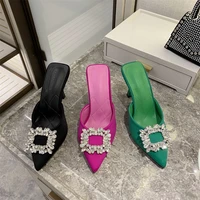 pointed rhinestone square buckle suede womens slippers shoes stiletto high heels slip on slides transparent summer fashion pump