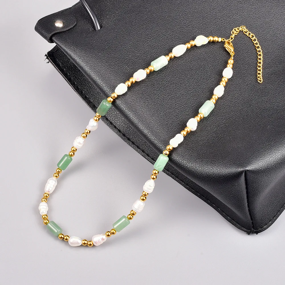 

Minar Retro Freshwater Pearl Strand Chokers Necklaces for Women Green Color Square Natural Stone Beads Pendant Necklace Jewelry