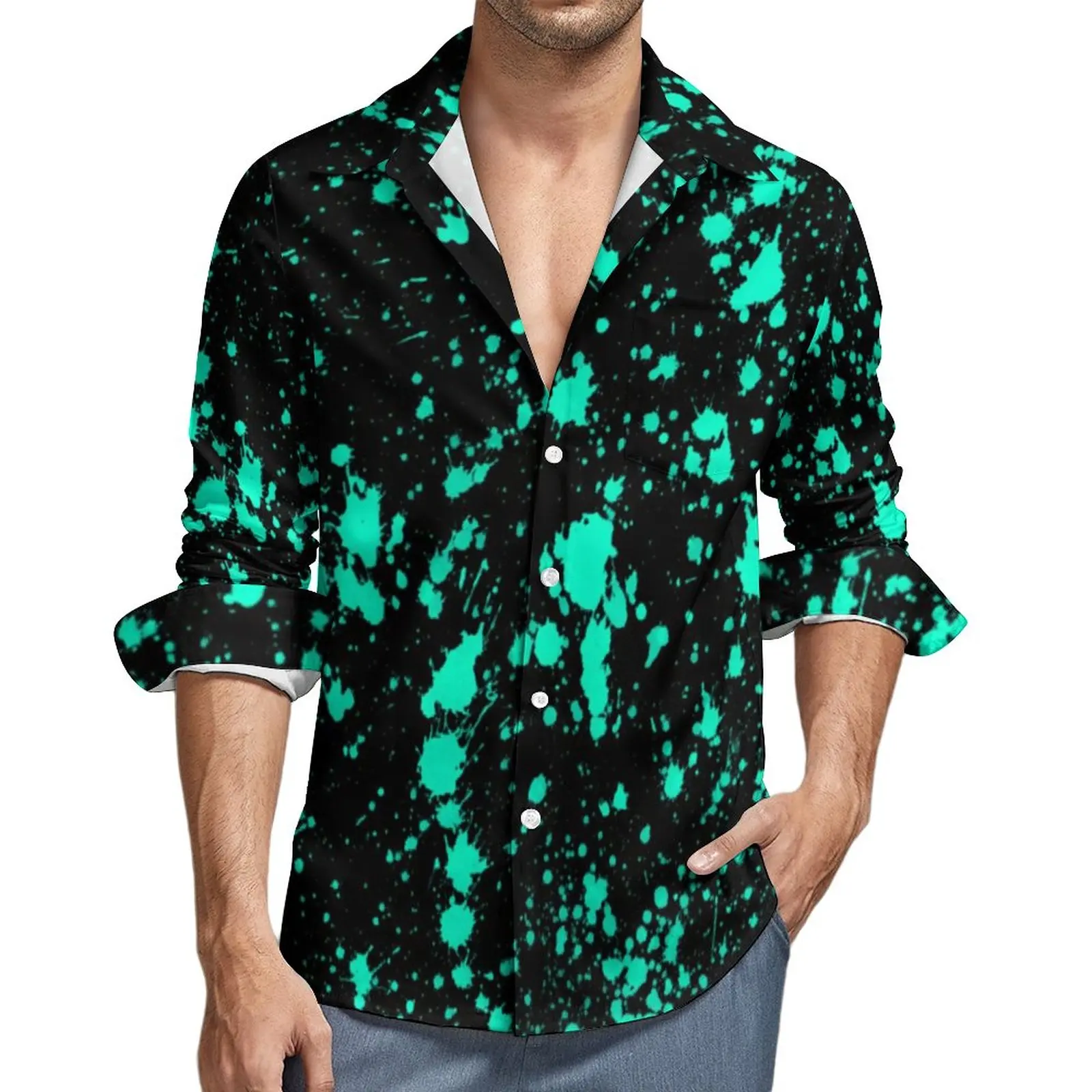 

Mint Paint Splatter Shirt Male Artistic Splash Casual Shirts Streetwear Design Blouses Long Sleeve Trending Oversized Clothes