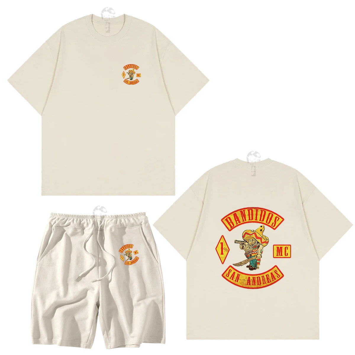 Cotton Men's T-shirt Set 2023 New Retro Contrast Color Bandidos Printing Casual Street Japanese Style Neutral Sports Pants Set