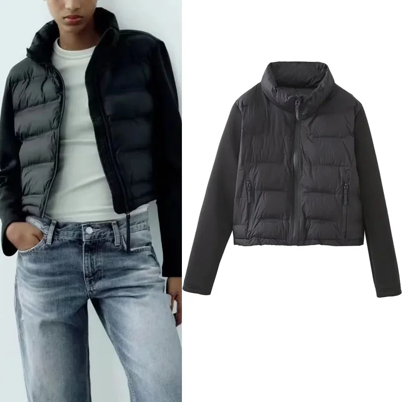 

Черная приталенная куртка-бомбер TRAF с высоким воротником, Женский Осенний топ с длинными рукавами и карманами на молнии спереди, зимний теплый топ