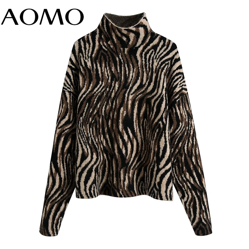 

AOMO Women Fashion Jacquard Animal Print Loose Turtleneck Sweater Vintage Long Sleeve Female Pullovers BE200A