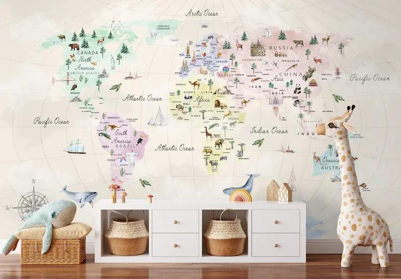 

Kids World Map Wallpaper Peel and Stick | Watercolor World Map Wall Mural