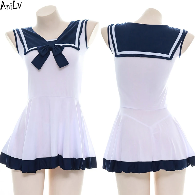 AniLV Anime Girl Navy Sailor Dress Swimsuit Uniform Costume Summer JK Student Beach Swimwear Pool Party Cosplay Clothes