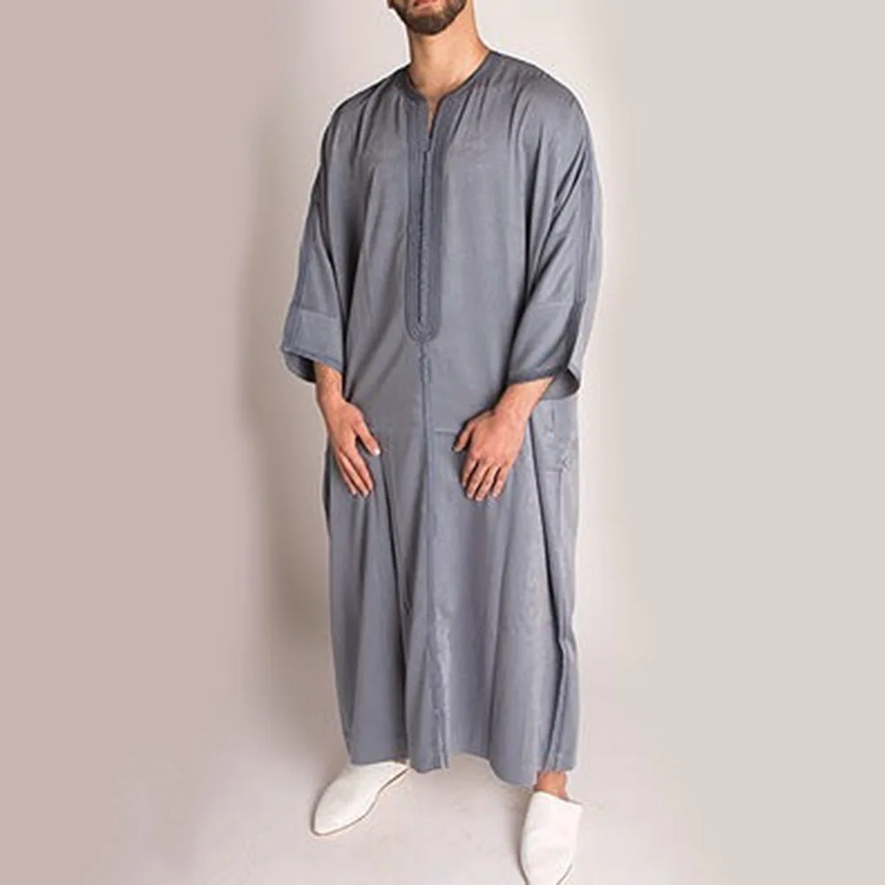 Новинка лета 2022, серая мужская длинная рубашка в национальном стиле, мусульманский халат, пуловер, модная мусульманская одежда, мусульманская одежда