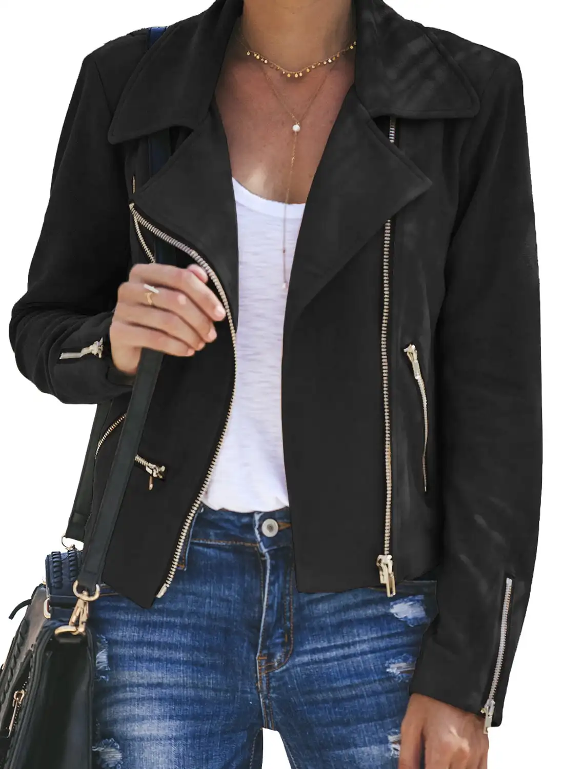 

Womens Spring Faux Leather Notch Collar Moto Biker Jacket Solid Color Long Sleeve Casual Short Coat Outwear Winter Autumn Motorc