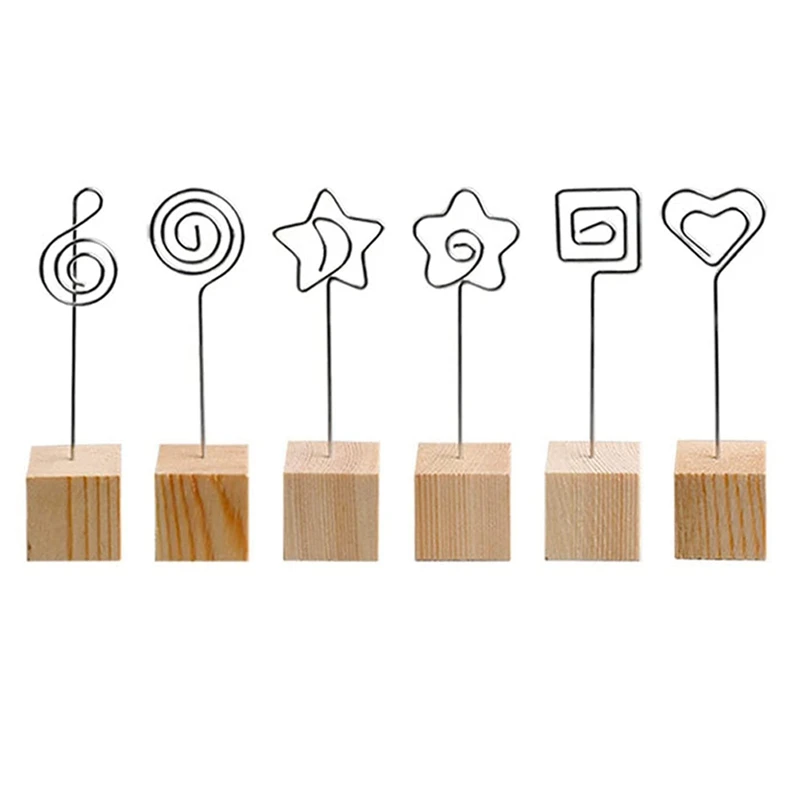 

6Pcs Square Wooden Base Note Holder Creative Round Metal Business Card Holder Suitable for Office Photo Holder