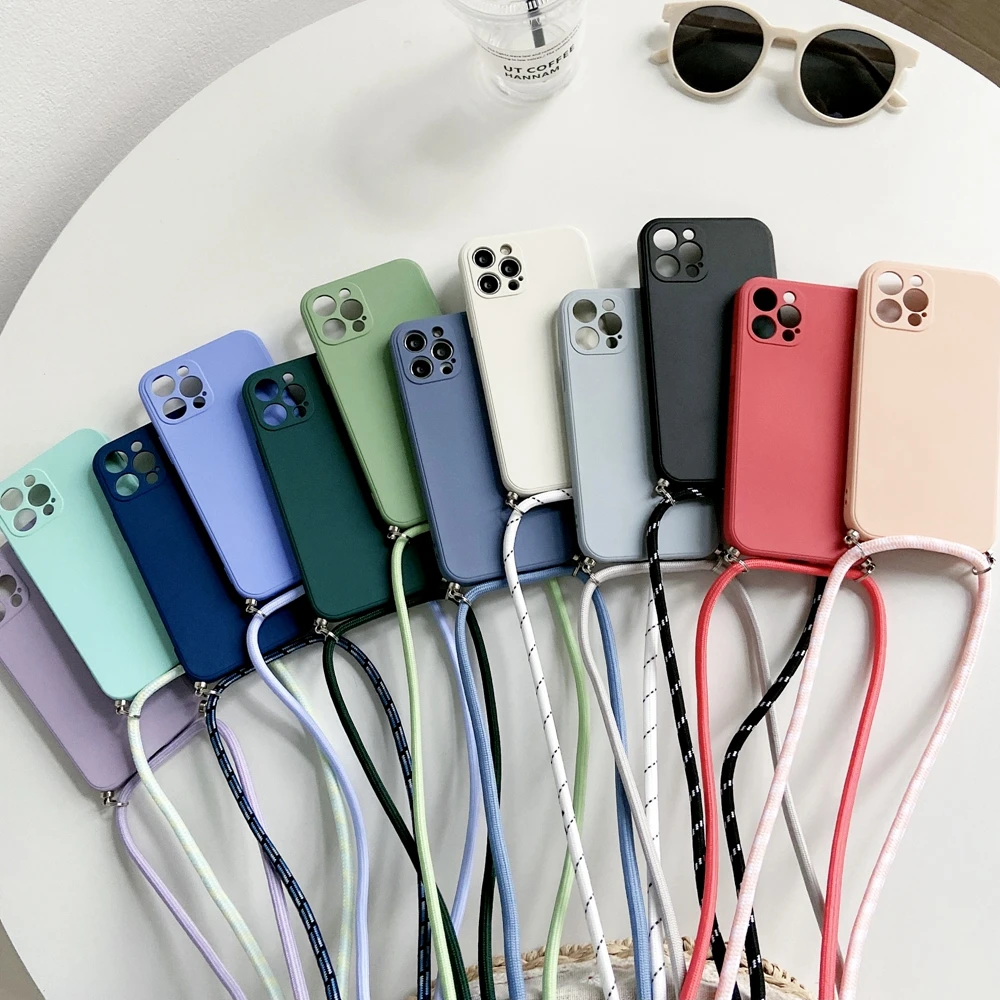 

Crossbody Necklace Strap Lanyard Cord Liquid Silicone Phone Case For iphone 13 12 MiNi 11 Pro X XR XS Max 6s 7 8 Plus SE 2 Cover