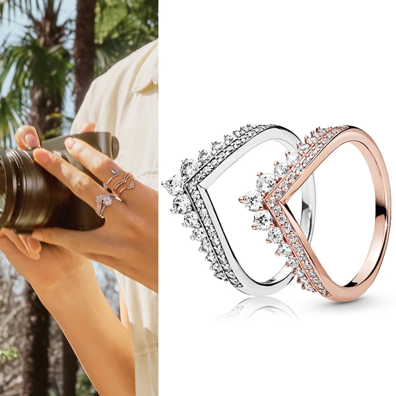 

Original 925 кольцо Silver Pan Ring Rose Gold With Crystal Crown Pan Ring For Women Wedding Party Gift Fashion Jewelry