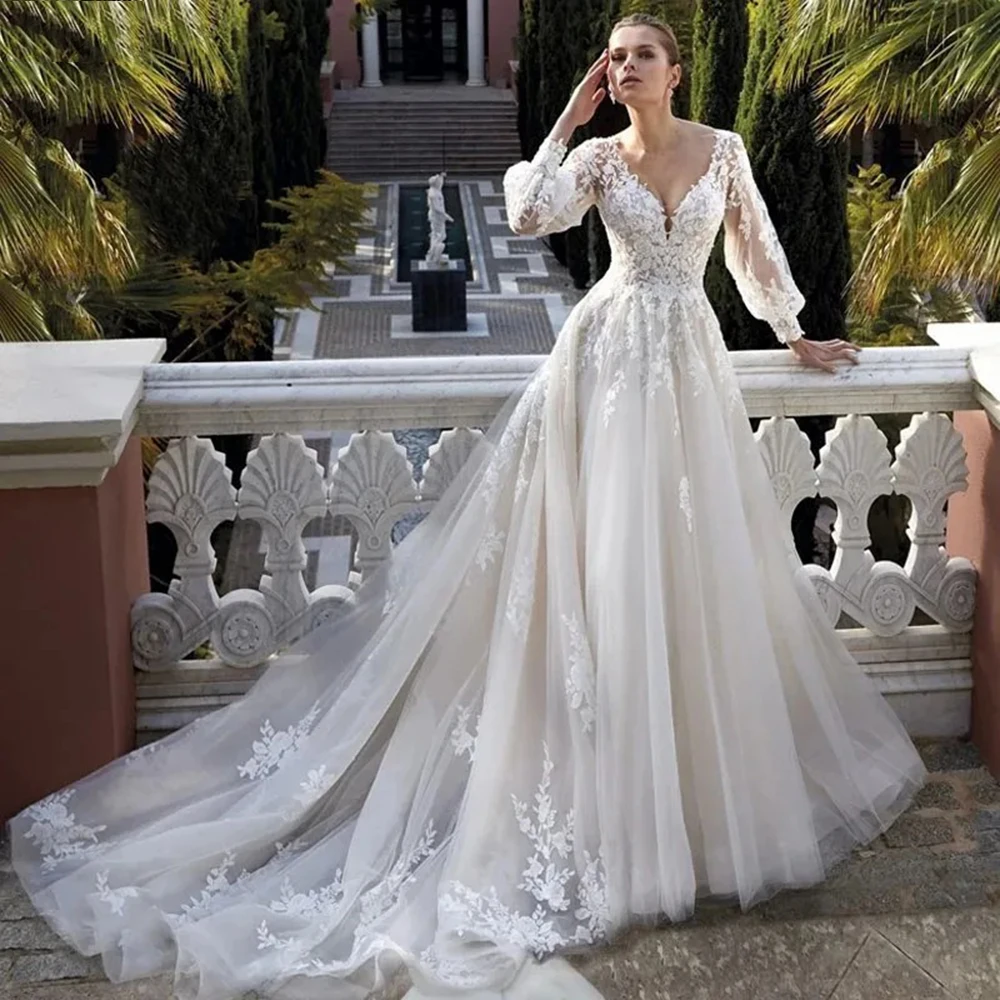 Msikoods Luxury Wedding Dresses With Long Sleeves V Neck Sexy Backless Bridal Gowns Plus Size Lace Appliqued Bridal Gowns