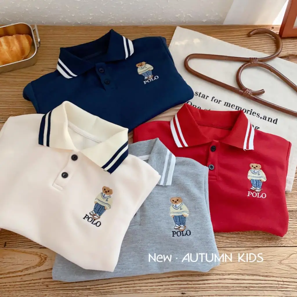 

2023 Korean Spring Autumn Children Boys Shirt Embroidery Bear Button Tops Turn Down Collar Loose Versatile Polo Infant Boy Shirt