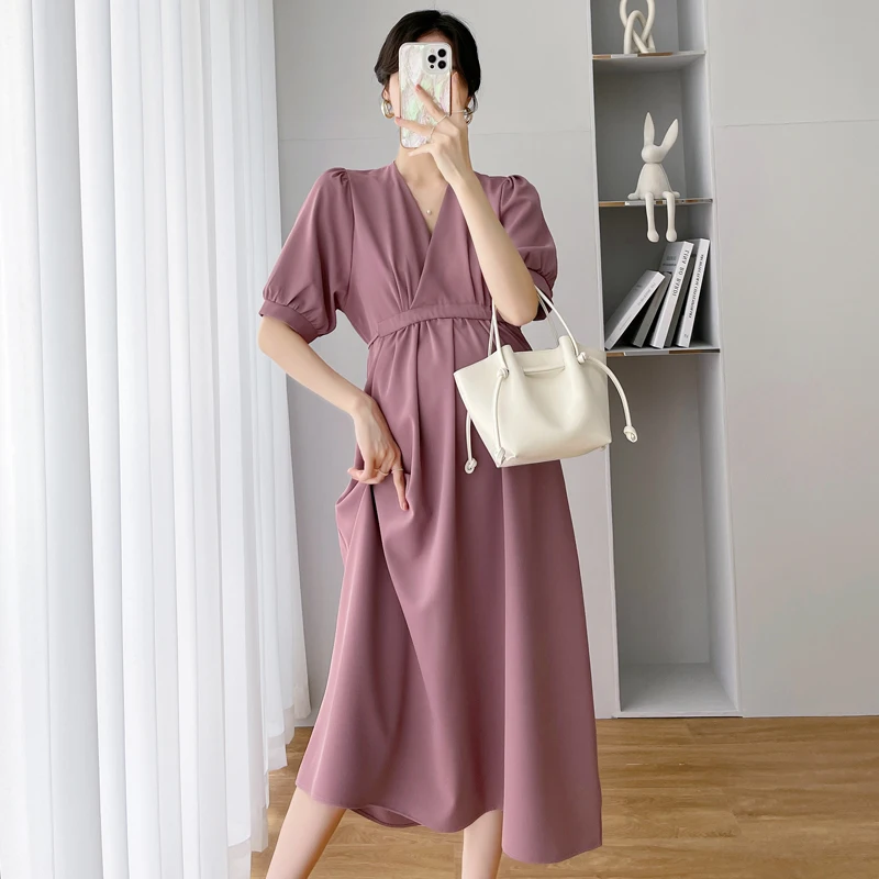 

717# 2022 Summer Korean Fashion V Neck Drawstring Slim Waist A Line Maternity Long Dress Ins Elegant Clothes for Pregnant Women