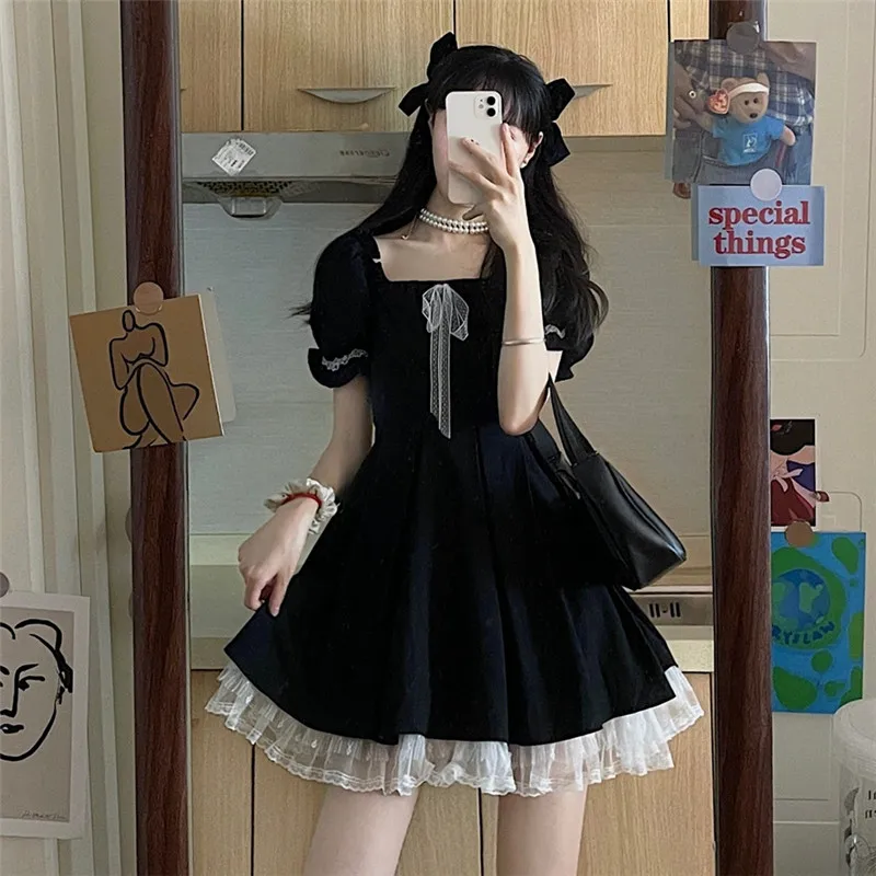 

Женское летнее мини-платье в японском стиле Харадзюку, черное готическое платье с квадратным вырезом и лентой, милое праздничное платье лол...