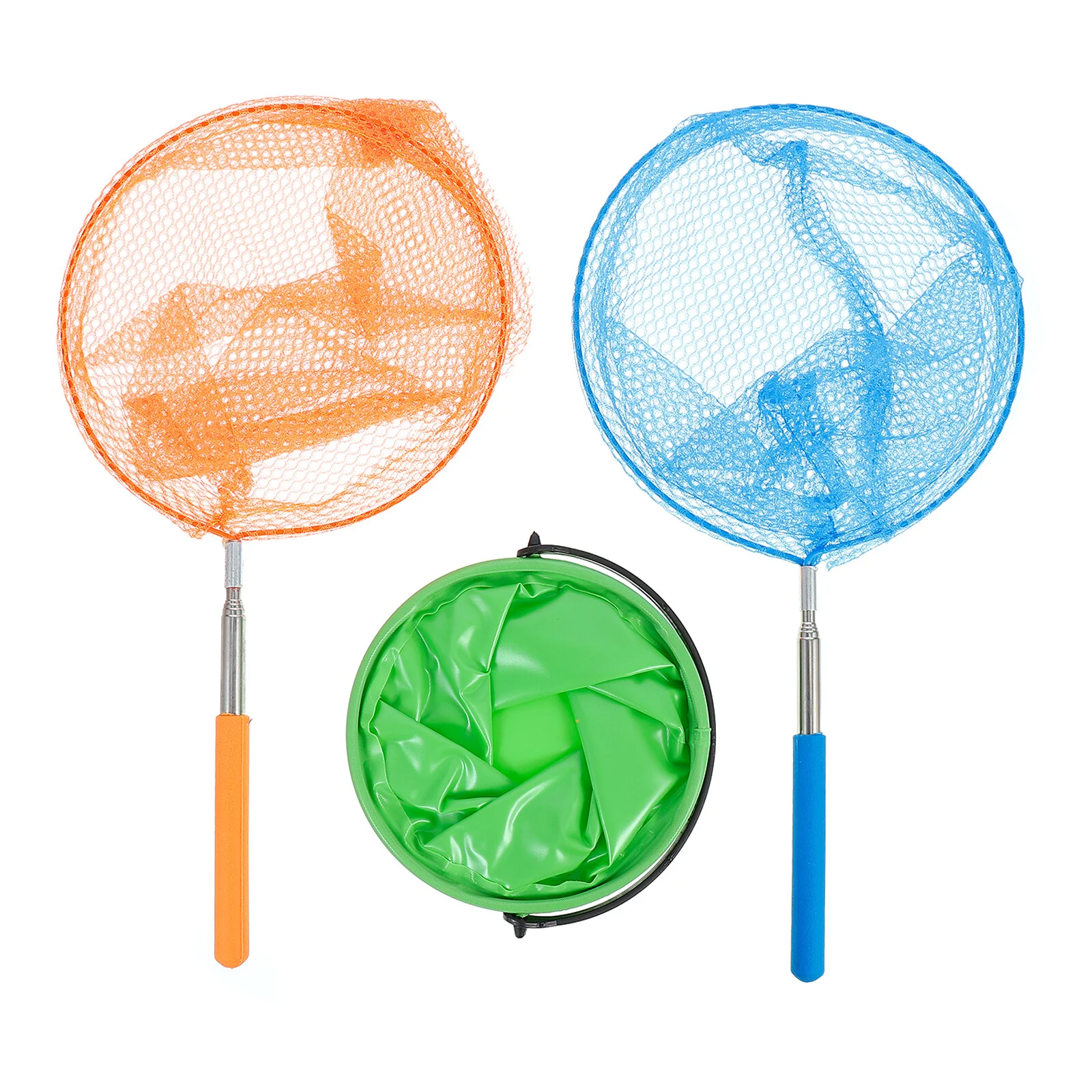 

3PCS Net and Bucket for Kids, Telescopic Net Set Fishing Net with Handle Kids Nets for Outdoor Playing ( Orange+ Light Blue+