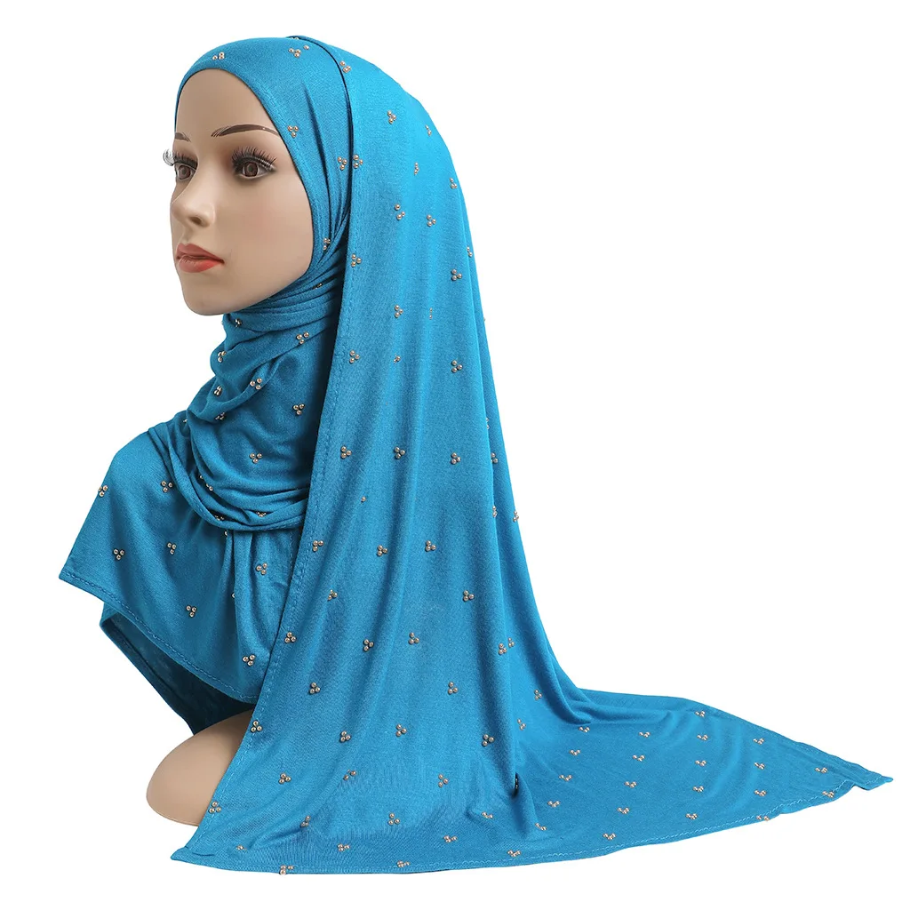 Muslim Long Scarf with Diamonds Jersey Plain Headscarf Islamic Hijab Shawls Arab Headband Wraps Ladies Warmer Neckerchief Stole