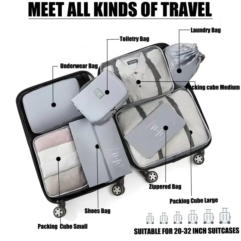 

8Pcs Gray Lightweight Travel Cubes Set for Organization - Travel Luggage Organizer Bag Set - Travel Accessories"