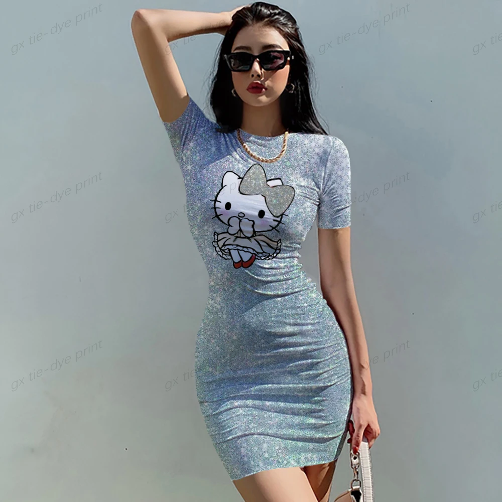 

Женское облегающее платье HELLO KITTY, элегантное офисное платье с круглым вырезом, летнее повседневное мини-платье с мультяшным 3D-принтом